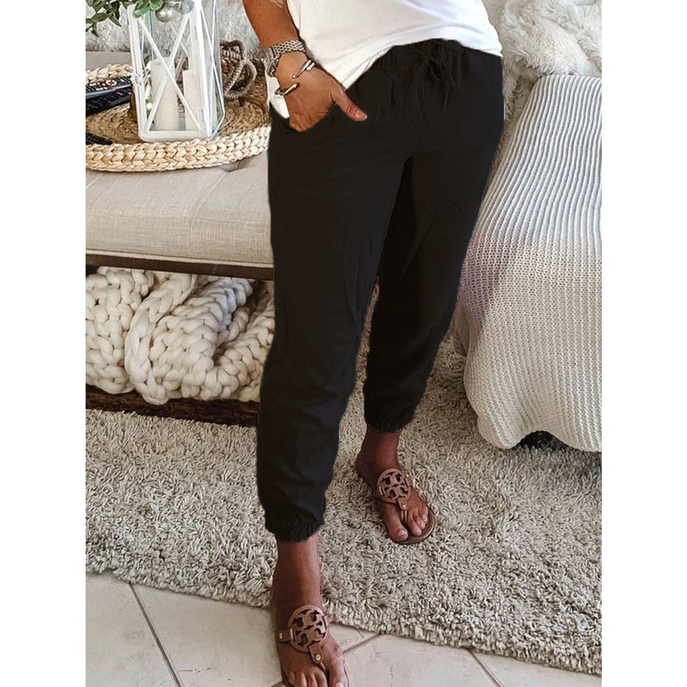 Pantalones casuales con bolsillo y cintura elástica de color puro para mujer