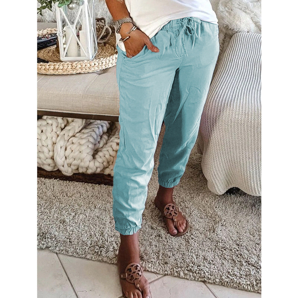 Pantalones casuales con bolsillo y cintura elástica de color puro para mujer