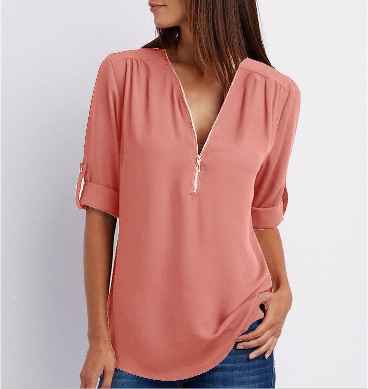 Camisas con cuello en V y cremallera Tops sueltos de manga corta para mujer