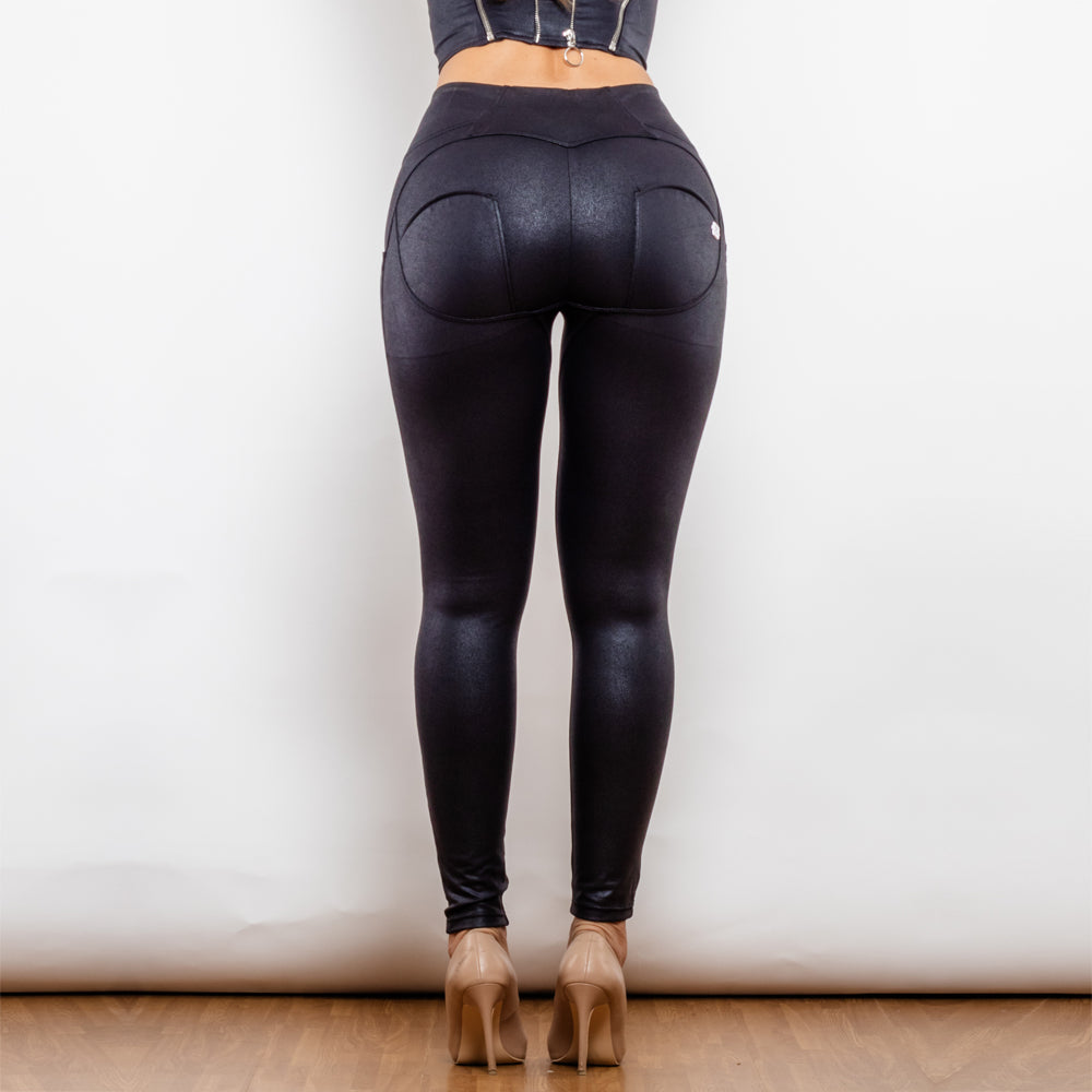 Shascullfites Melody cintura alta Crackle pantalones de elevación recubiertos negros anillo con cremallera Leggings de realce de trasero Leggings Push Up