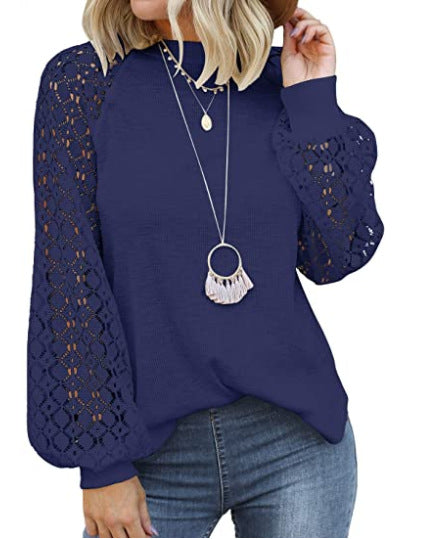 Round Collar Long Sleeves Lace Stitching Blouse Woman