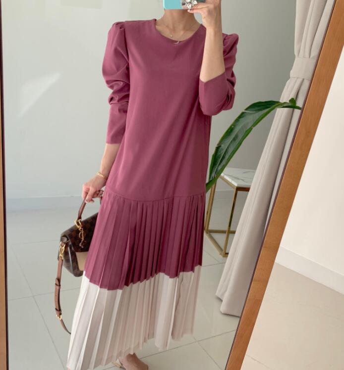 Round Collar Color Patchwork Pleated Dress Long Skirt Woman