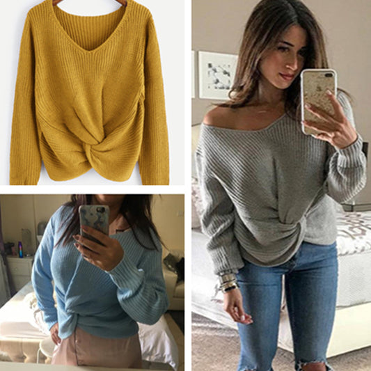 Suéter de otoño para mujer, suéter informal de invierno para mujer, suéter tejido de manga larga de Color sólido con cuello en V, suéter Sexy con Panel anudado cruzado 