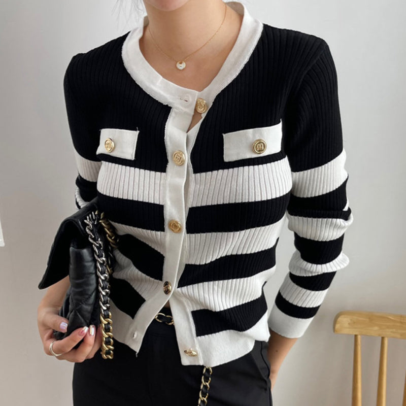 Contrast Stripe Design Long Sleeve Knitted Cardigan Woman