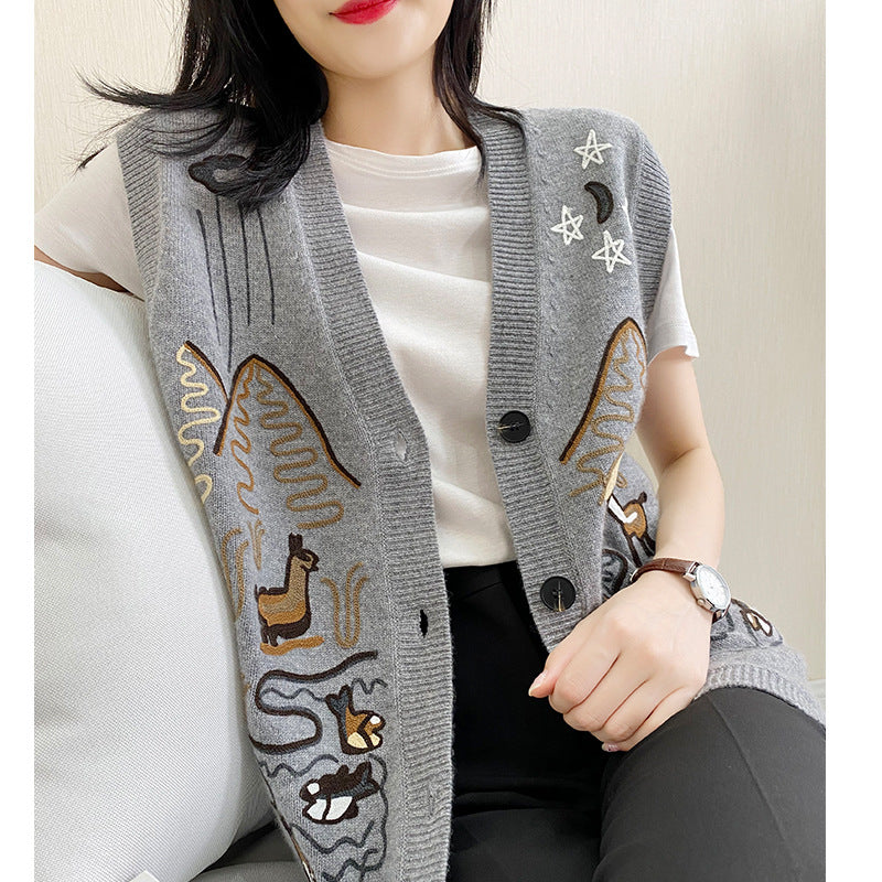 V-neck heavy embroidery cardigan woman