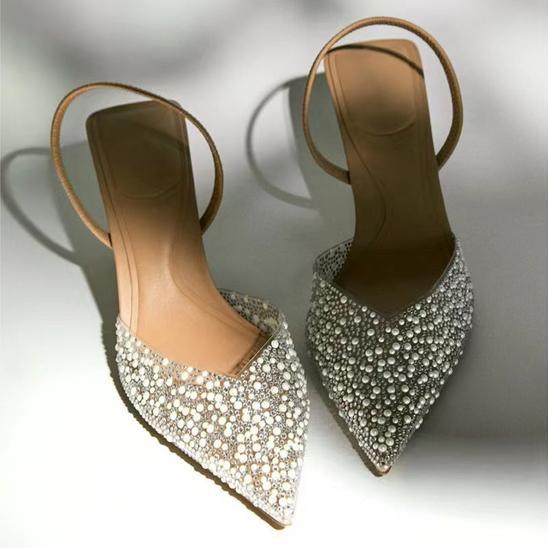 Tacones altos de gas poco profundos con perlas de diamantes de imitación y punta puntiaguda para mujer