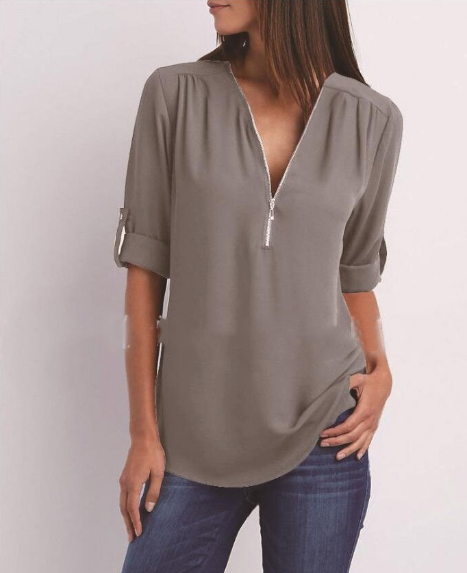 Camisas con cuello en V y cremallera Tops sueltos de manga corta para mujer