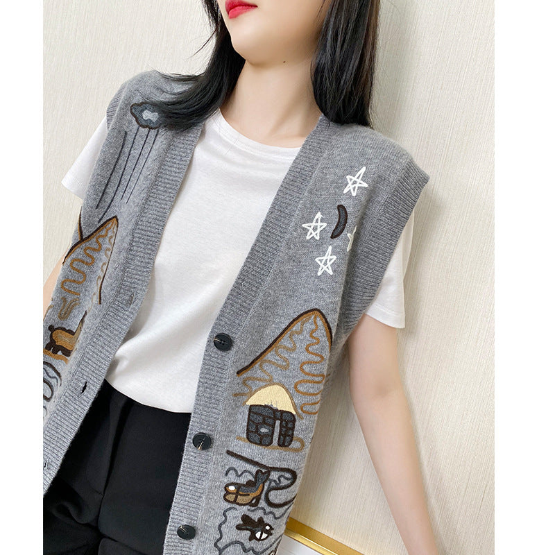 V-neck heavy embroidery cardigan woman