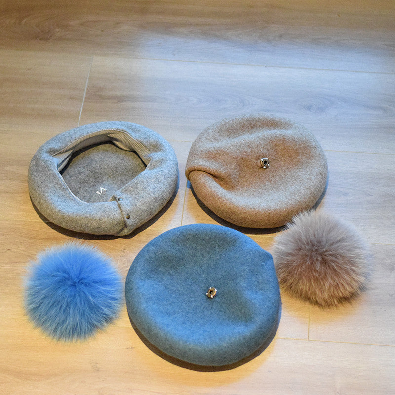 Wool Beret Women's Fur Ball Fashion Painter Cap