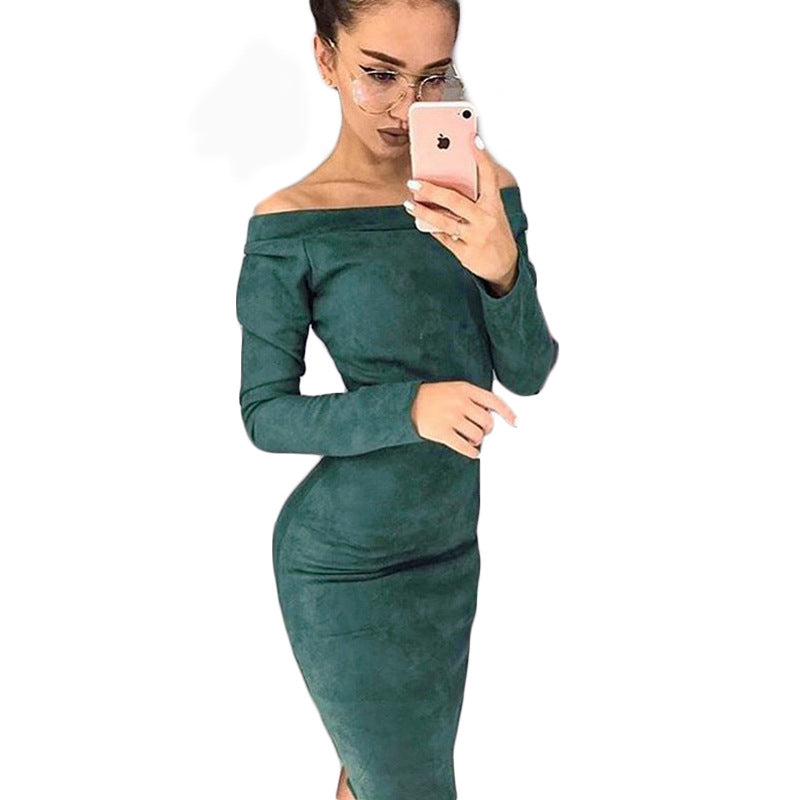 Woman A Word Tight Shoulder Long Sleeve Sexy Dress Burst Sexy Nightclub Wild Models Solid Color Dress