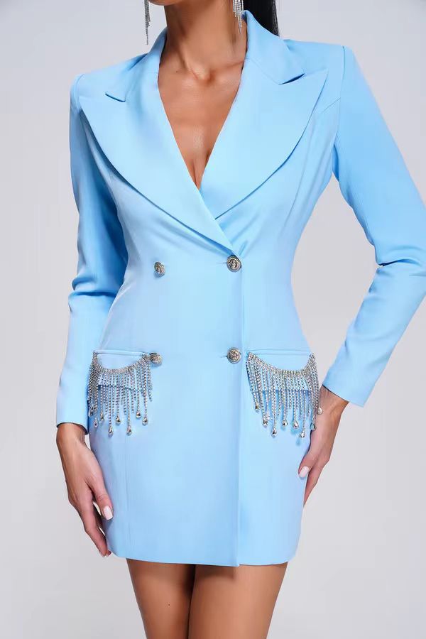 Women's Long-sleeved V-neck Tassel Diamond Suit