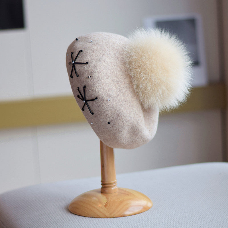 Women's Fox Fur Ball Elegant Retro Woolen Hat