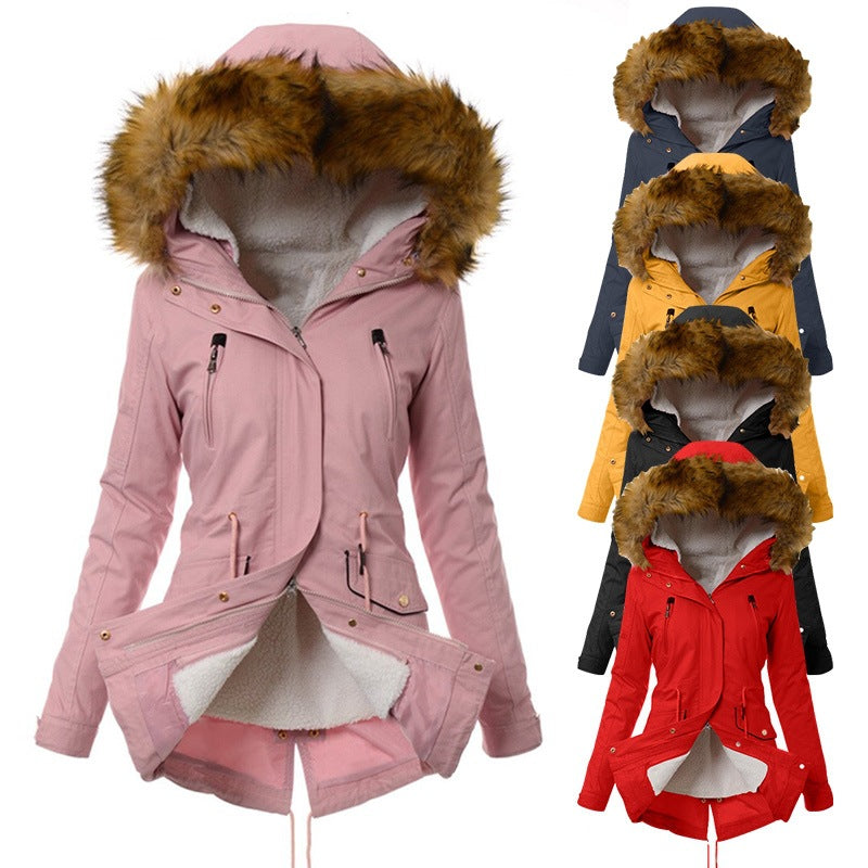 Women's Padded Coat Mid-length Zipper Slim Jacket With Hooded Fur Collar