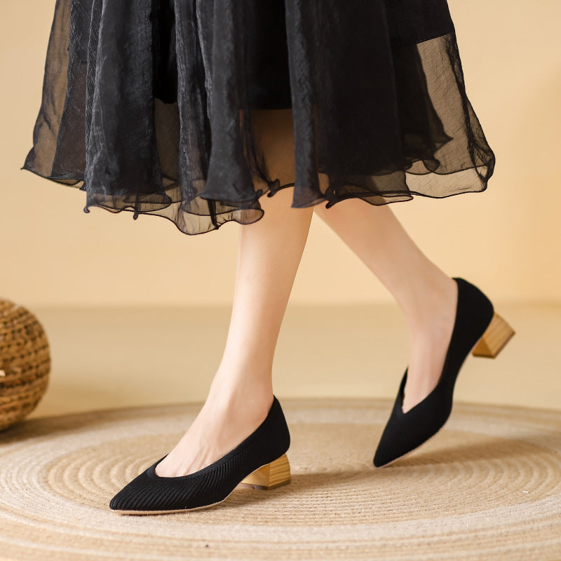 Wood Grain Thick Heel Pointed Breathable Casual Pumps