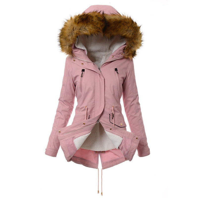 Women's Padded Coat Mid-length Zipper Slim Jacket With Hooded Fur Collar