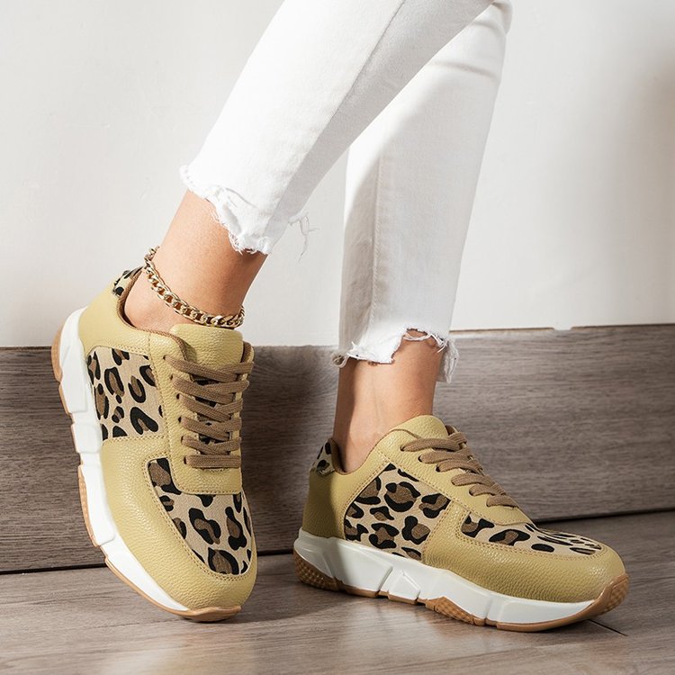 Zapatos de tacón informales con estampado de leopardo de gran tamaño para mujer, nuevos zapatos deportivos informales planos con cordones para primavera y otoño