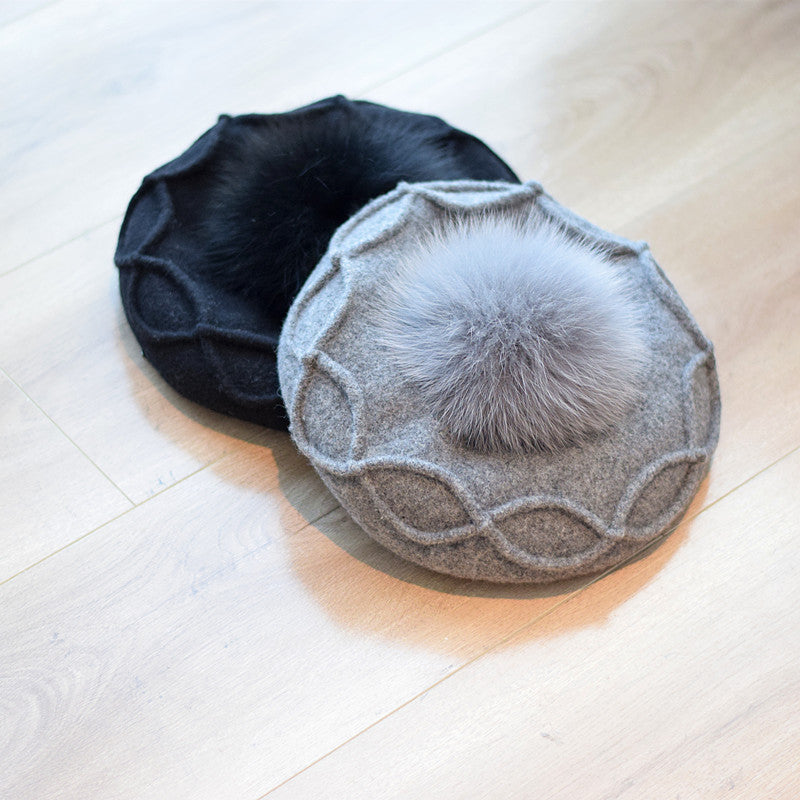 Fox Fur Ball Beret Wool Retro Easy Matching Hat