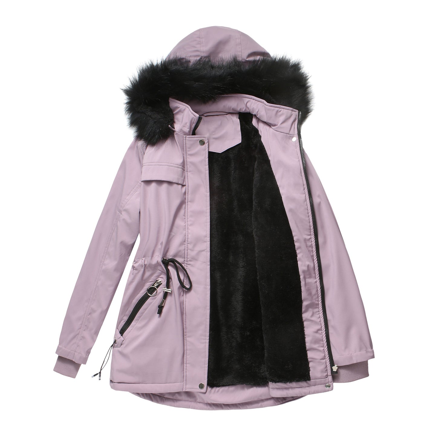 Pure Color Winter Ladies Cotton-padded Coat With Detachable Hood And