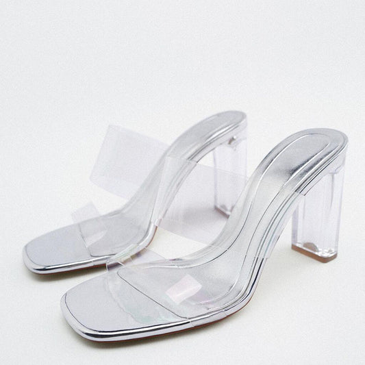 Tacones altos de cristal transparente plateado para mujer