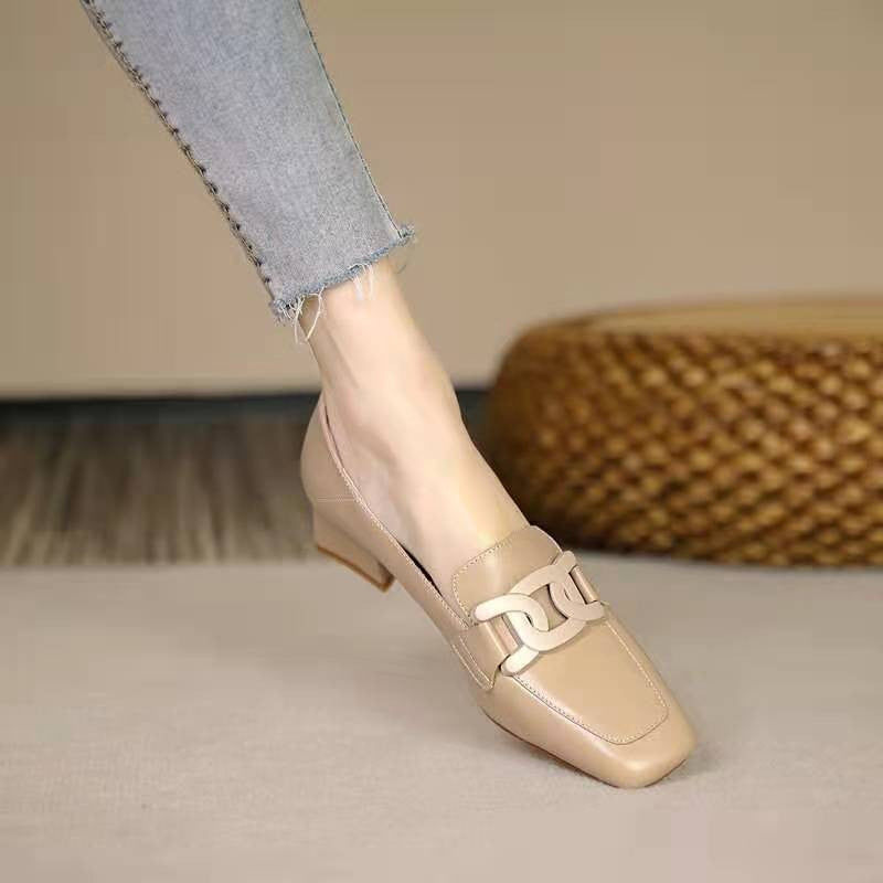 Slip-on British Metal Buckle Square Toe Leather Shoes