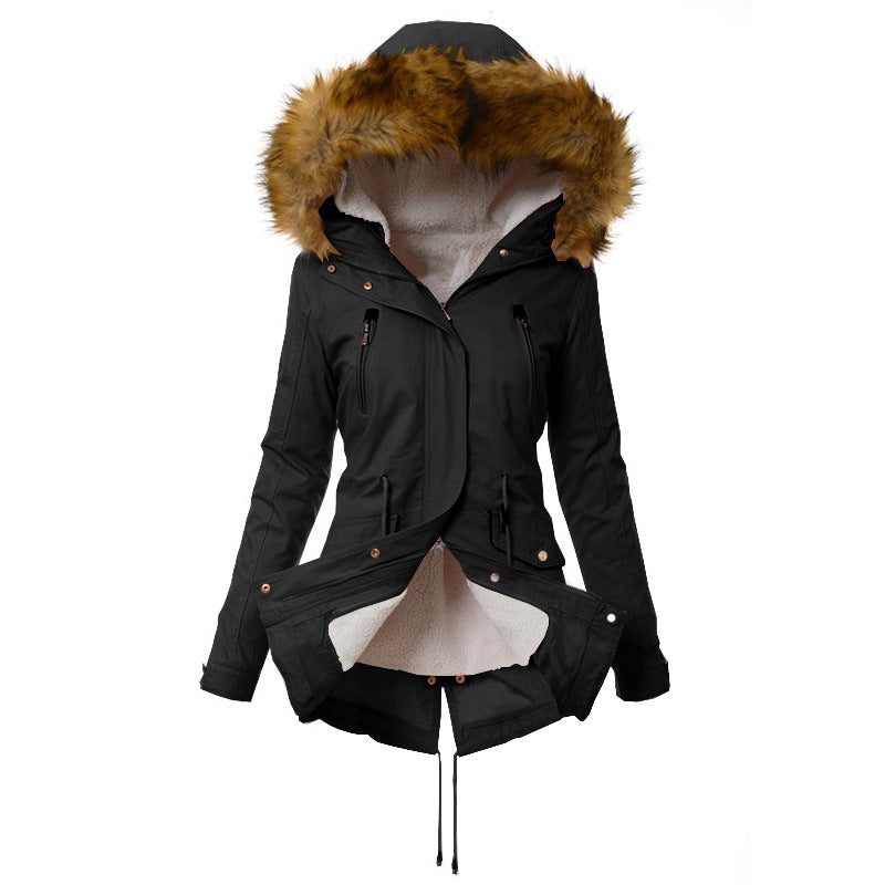 Women's Padded Coat Mid-length Zipper Slim Jacket With Hooded Fur Collar