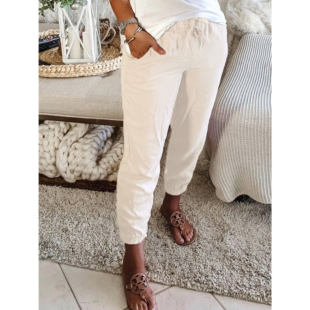 Pantalones casuales con bolsillo y cintura elástica de color puro para mujer