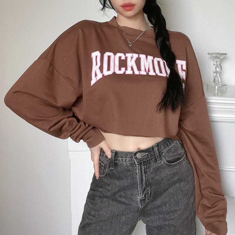 Harajuku Letter Printed Brown Cropped Sweatshirt Women Tops