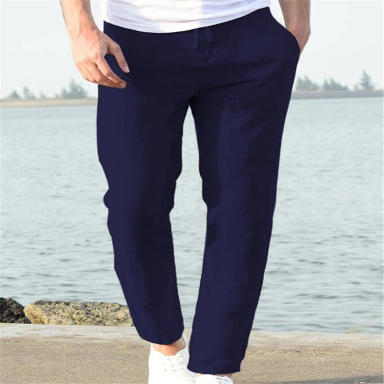 Pantalones casuales de verano de lino para hombre Pantalones con cordón