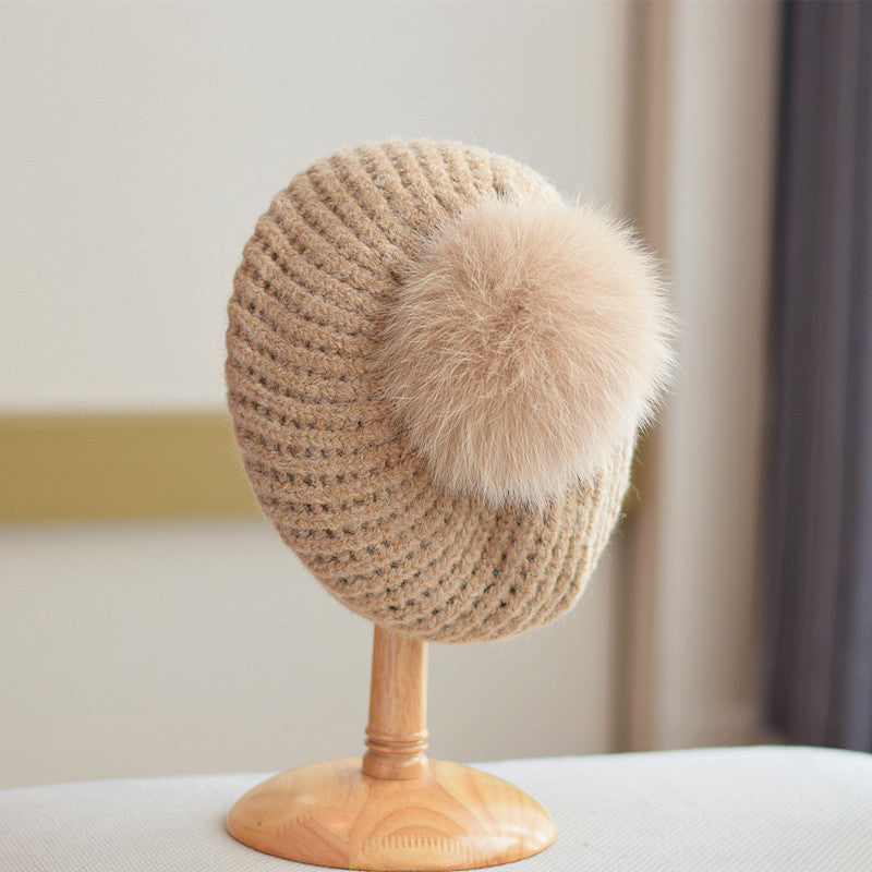 Japan Fox Fur Ball Thickened Warm Beret