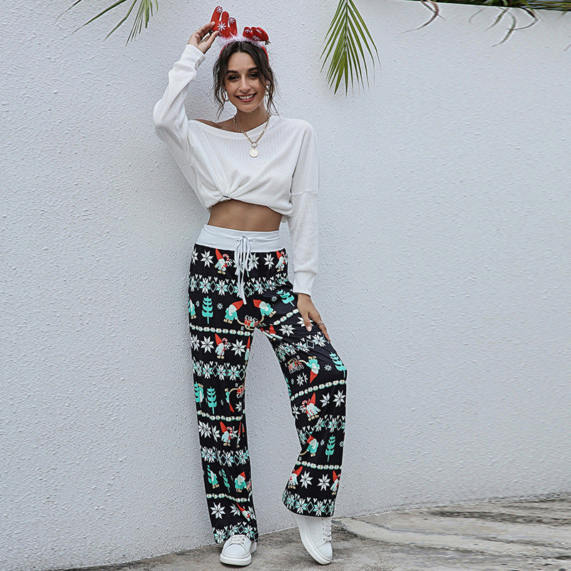 Pantalones con estampado navideño para mujer, pantalón informal con cordón y estampado de alces y copos de nieve navideños