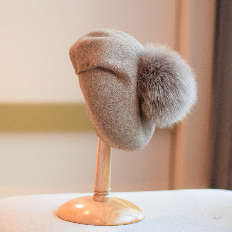 Wool Beret Women's Fur Ball Fashion Painter Cap