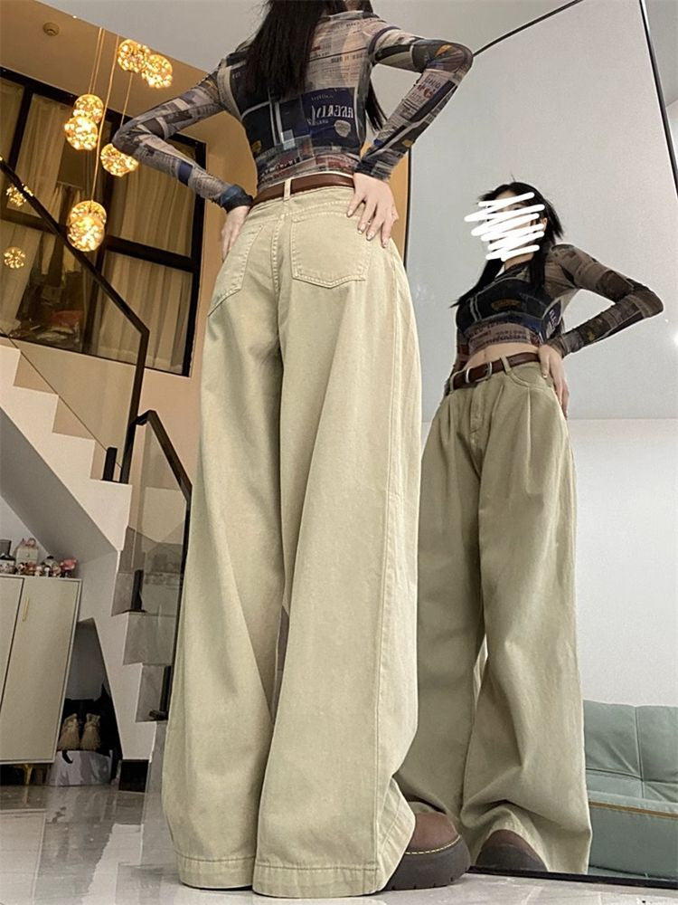 High Waist Loose And Slimming Khaki Wide Leg Jeans