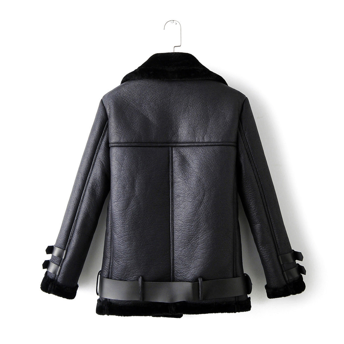 Plush stitching thick PU leather coat