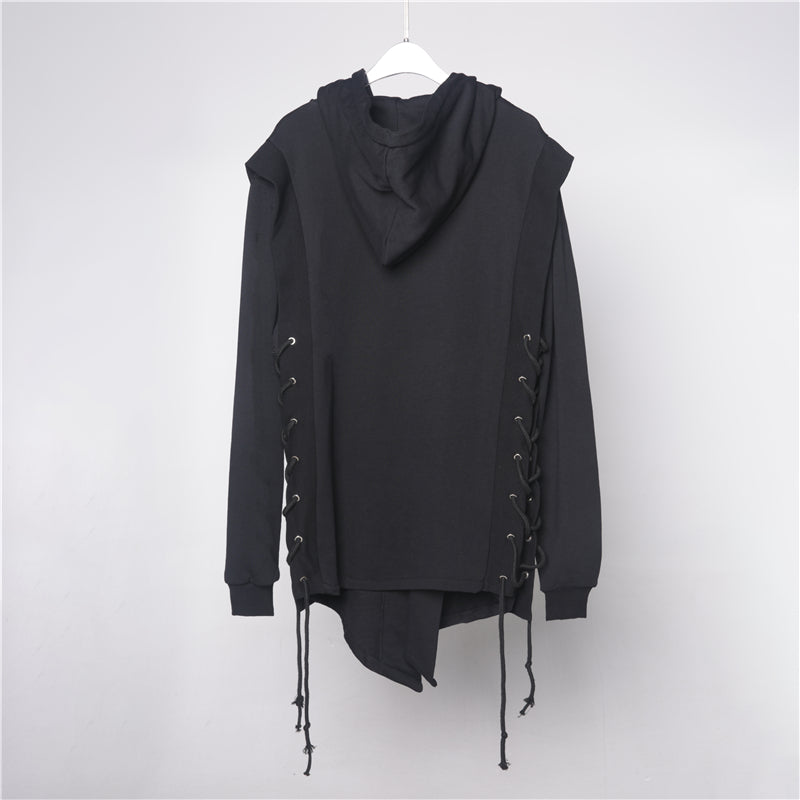 Dark Black Zipper Fake Two Piece Hooded Cross Strap Casual Coat