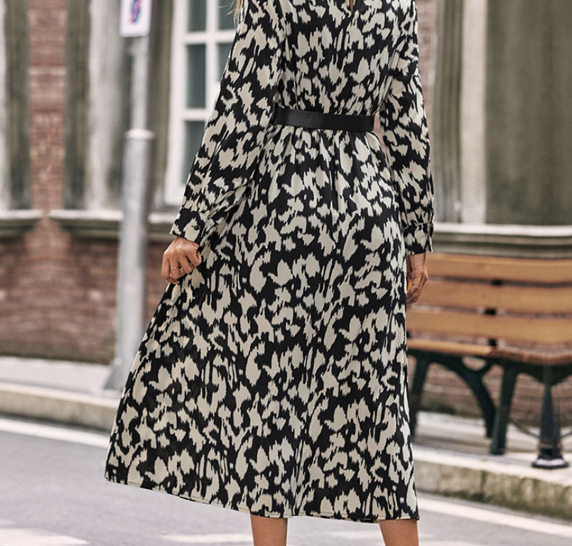 Vestido con estampado de leopardo de manga larga para mujer de otoño e invierno