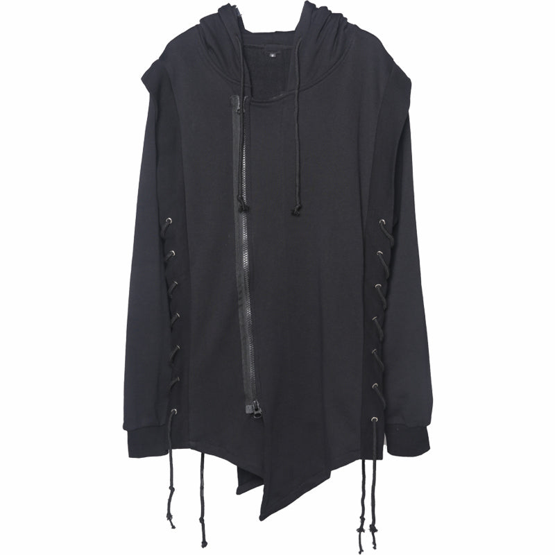 Dark Black Zipper Fake Two Piece Hooded Cross Strap Casual Coat