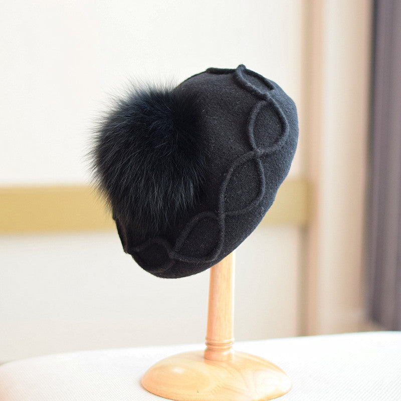 Fox Fur Ball Beret Wool Retro Easy Matching Hat