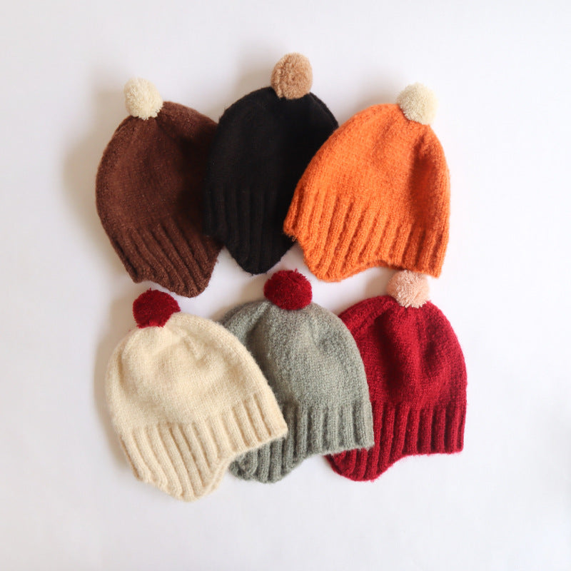 Autumn And Winter New Male And Female Baby Cute Earflaps Fur Ball Warm Knitted Hat