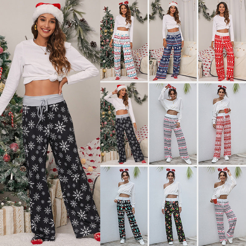 Pantalones con estampado navideño para mujer, pantalón informal con cordón y estampado de alces y copos de nieve navideños