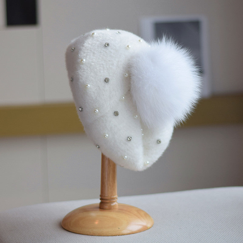 Rhinestone Mink-like Wool Beret Japanese Style Sweet And Cute Painter Cap