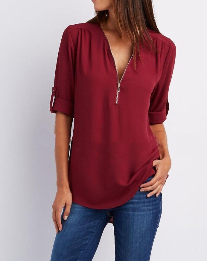 Camisas con cuello en V y cremallera Tops sueltos de manga corta para mujer