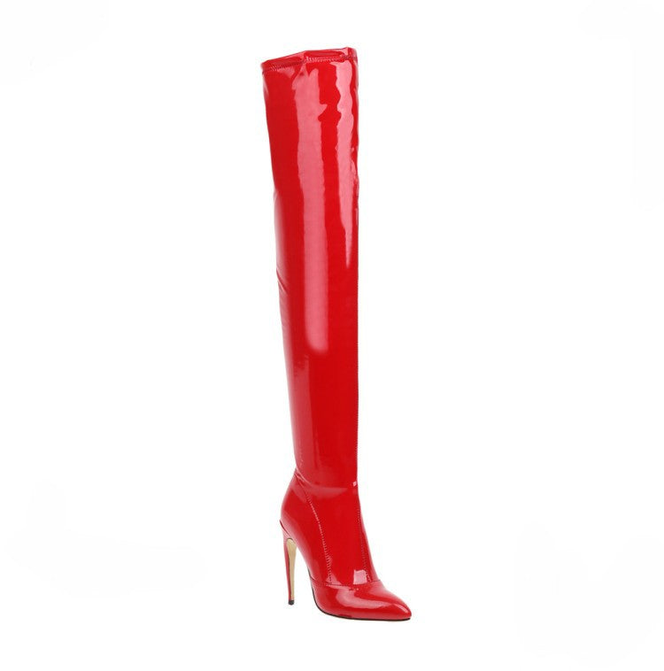 Over The Knee Boots Patent Leather High-heel Boots Women's Large Size Shoes