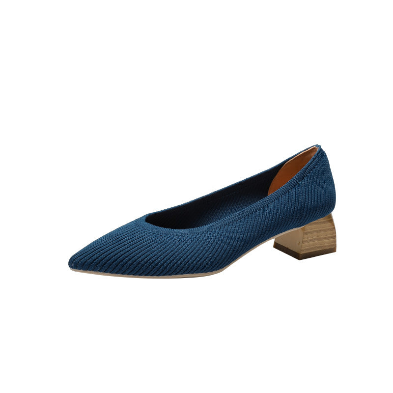 Wood Grain Thick Heel Pointed Breathable Casual Pumps