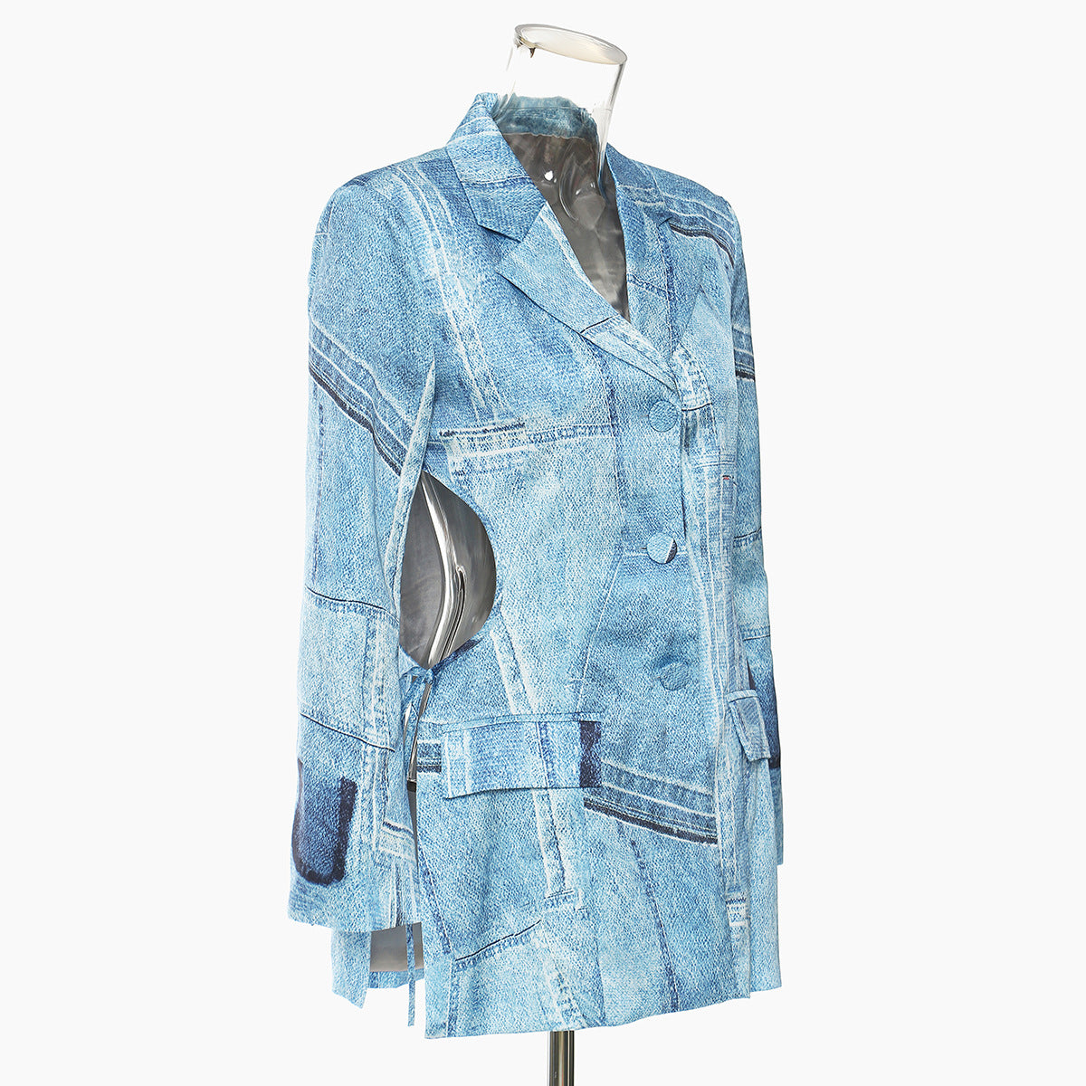 Denim Graffiti Printed Satin Material Waist Suit Coat Woman