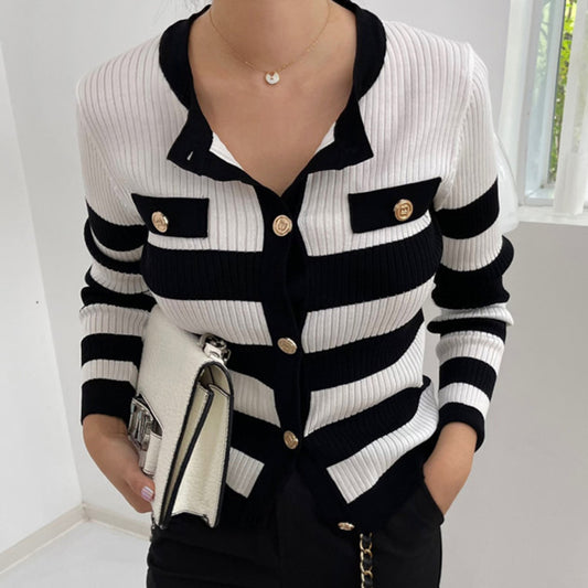 Contrast Stripe Design Long Sleeve Knitted Cardigan Woman