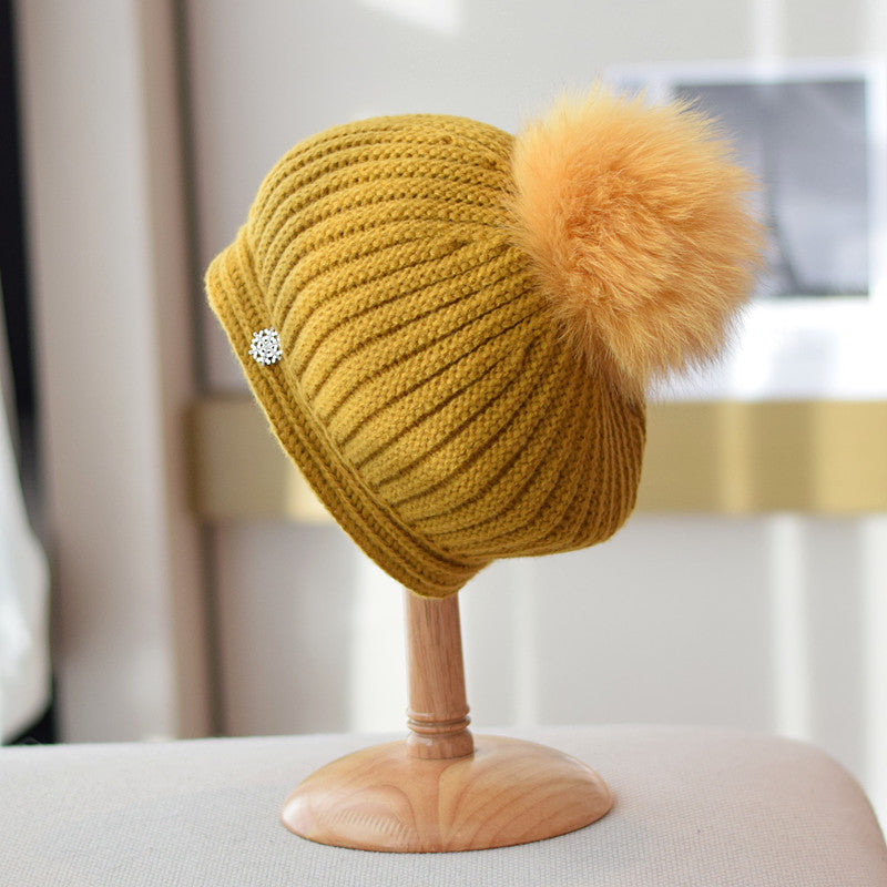 Fox Fur Ball Knitted Beret Women's Autumn And Winter All-matching British Vintage Wool Painter Cap