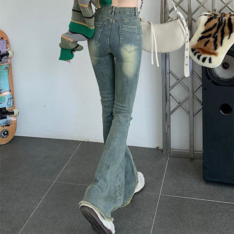 New Raw Hem High Waist Slightly Flared Retro Stretch Jeans For Women