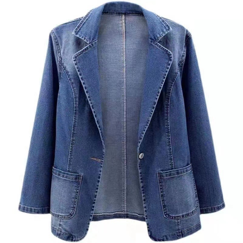 Chaqueta vaquera para mujer, corte entallado, cuello de traje, Color sólido, prenda exterior con un botón