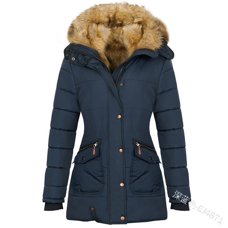 Long Sleeved Pocket Decorated Waist Warm Cotton Padded Jacket