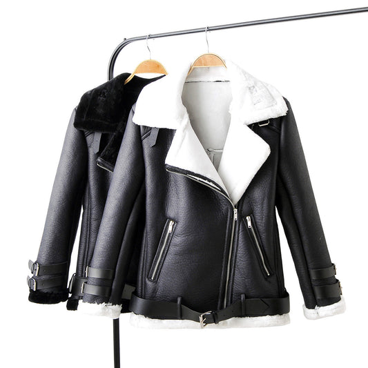 Plush stitching thick PU leather coat